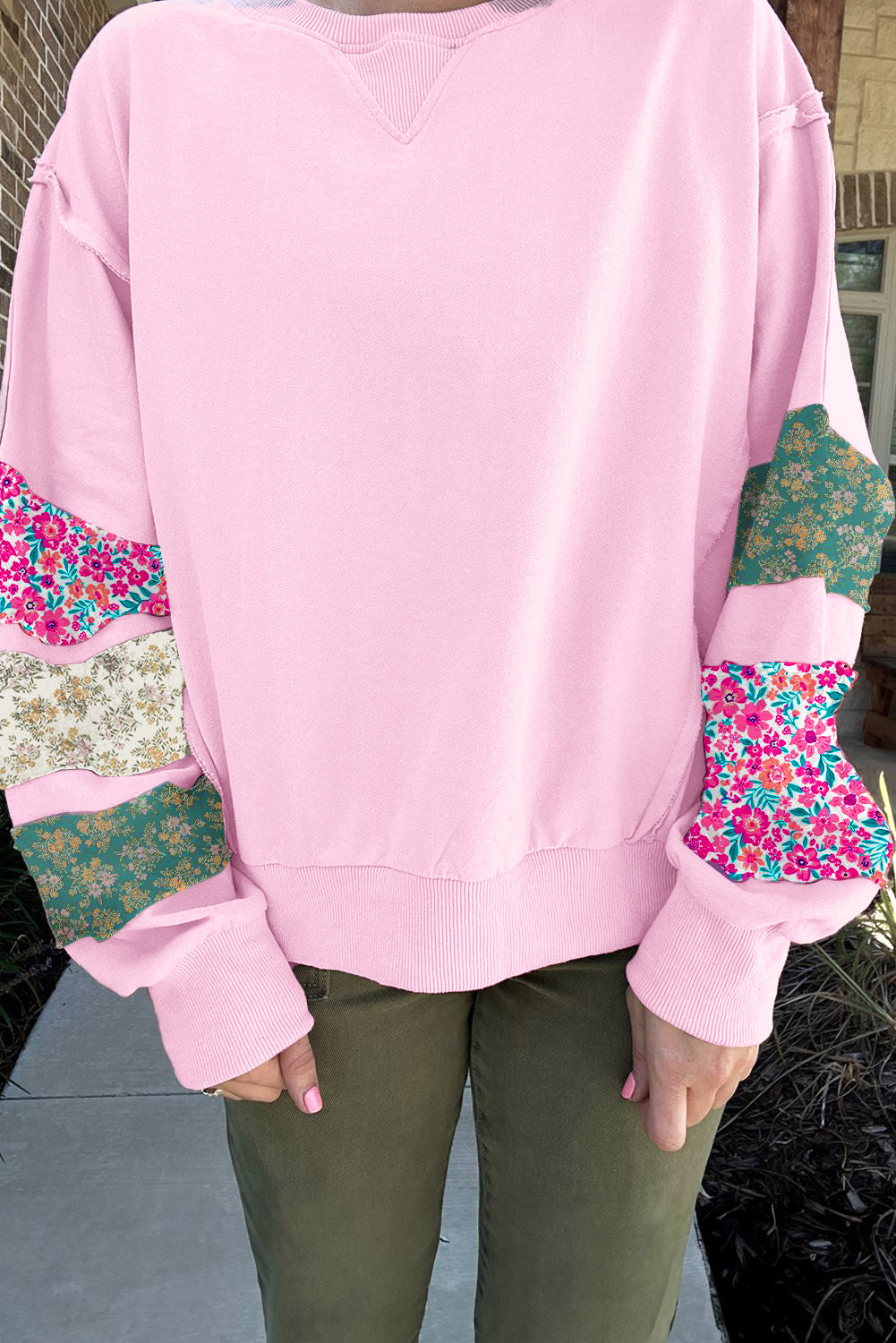 Pink Plus Size Mix Floral Patched Sleeve Ribbed Trim Baggy Sweatshirt-Plus Size/Plus Size Sweatshirts & Hoodies-[Adult]-[Female]-Pink-1X-2022 Online Blue Zone Planet