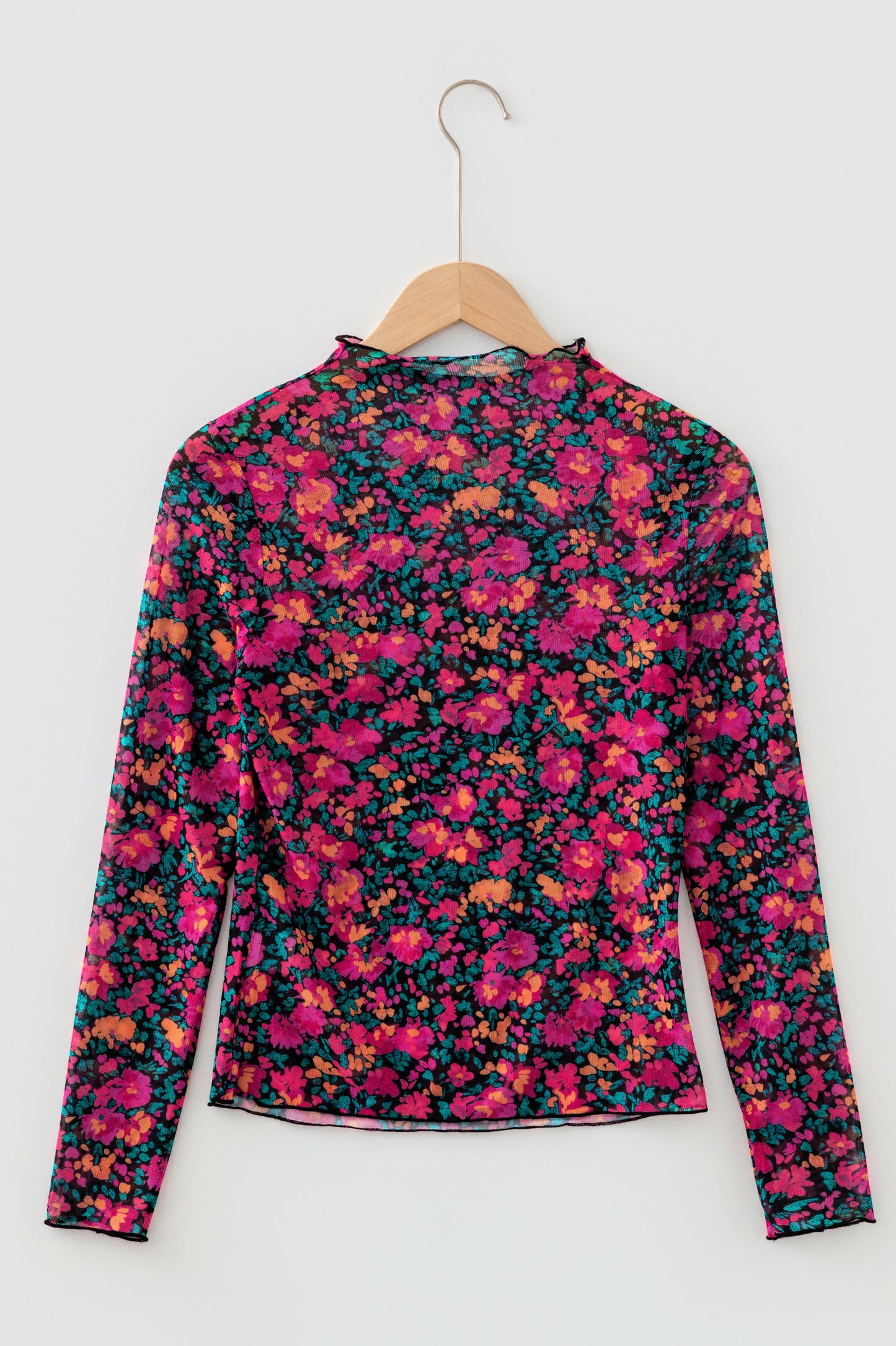 Rose Slim Fit Floral Mesh Long Sleeve Mock Neck Top-Tops/Long Sleeve Tops-[Adult]-[Female]-2022 Online Blue Zone Planet
