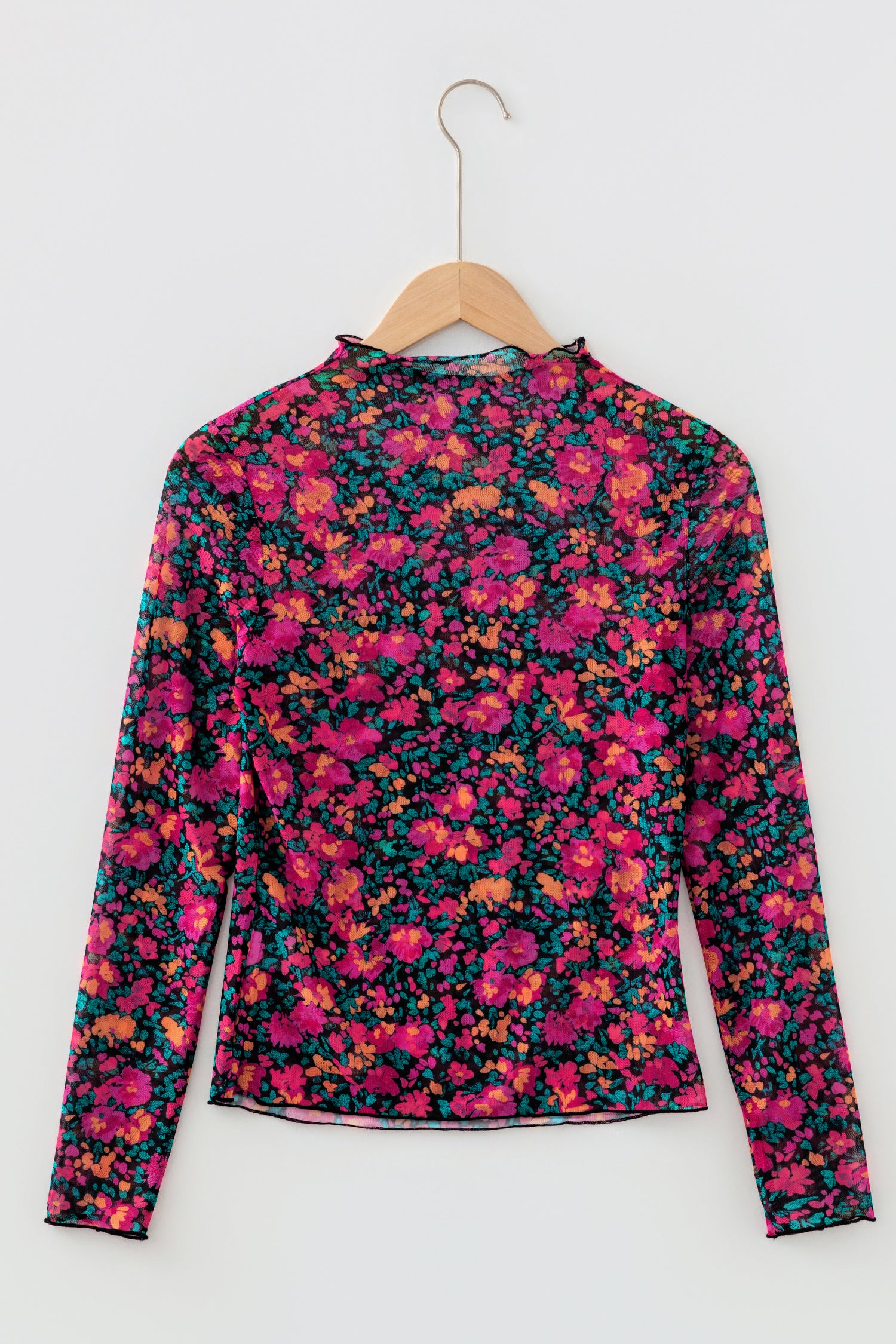 Rose Slim Fit Floral Mesh Long Sleeve Mock Neck Top-Tops/Long Sleeve Tops-[Adult]-[Female]-2022 Online Blue Zone Planet