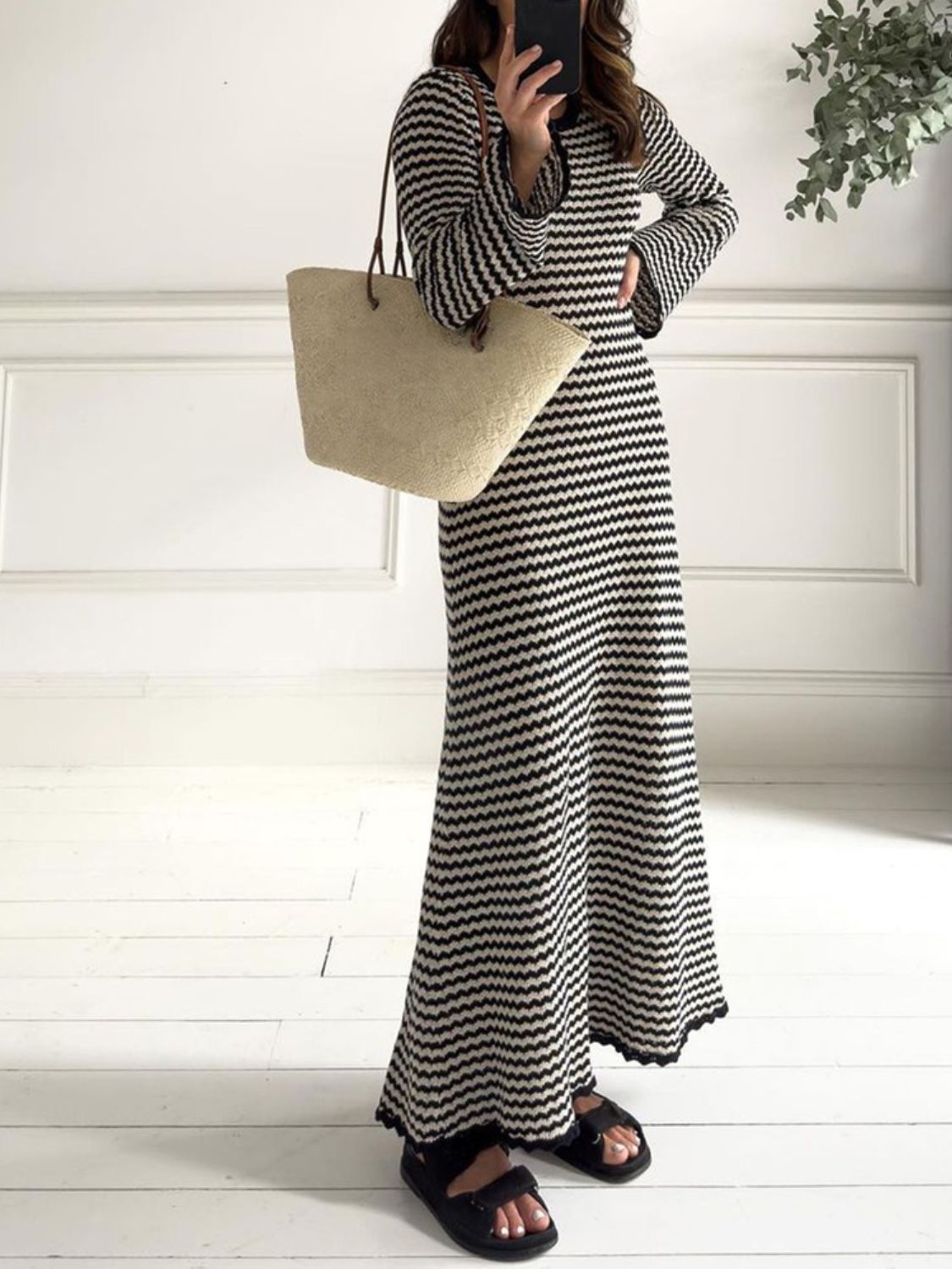 Devine Tied Round Neck Striped Sweater Dress-TOPS / DRESSES-[Adult]-[Female]-2022 Online Blue Zone Planet