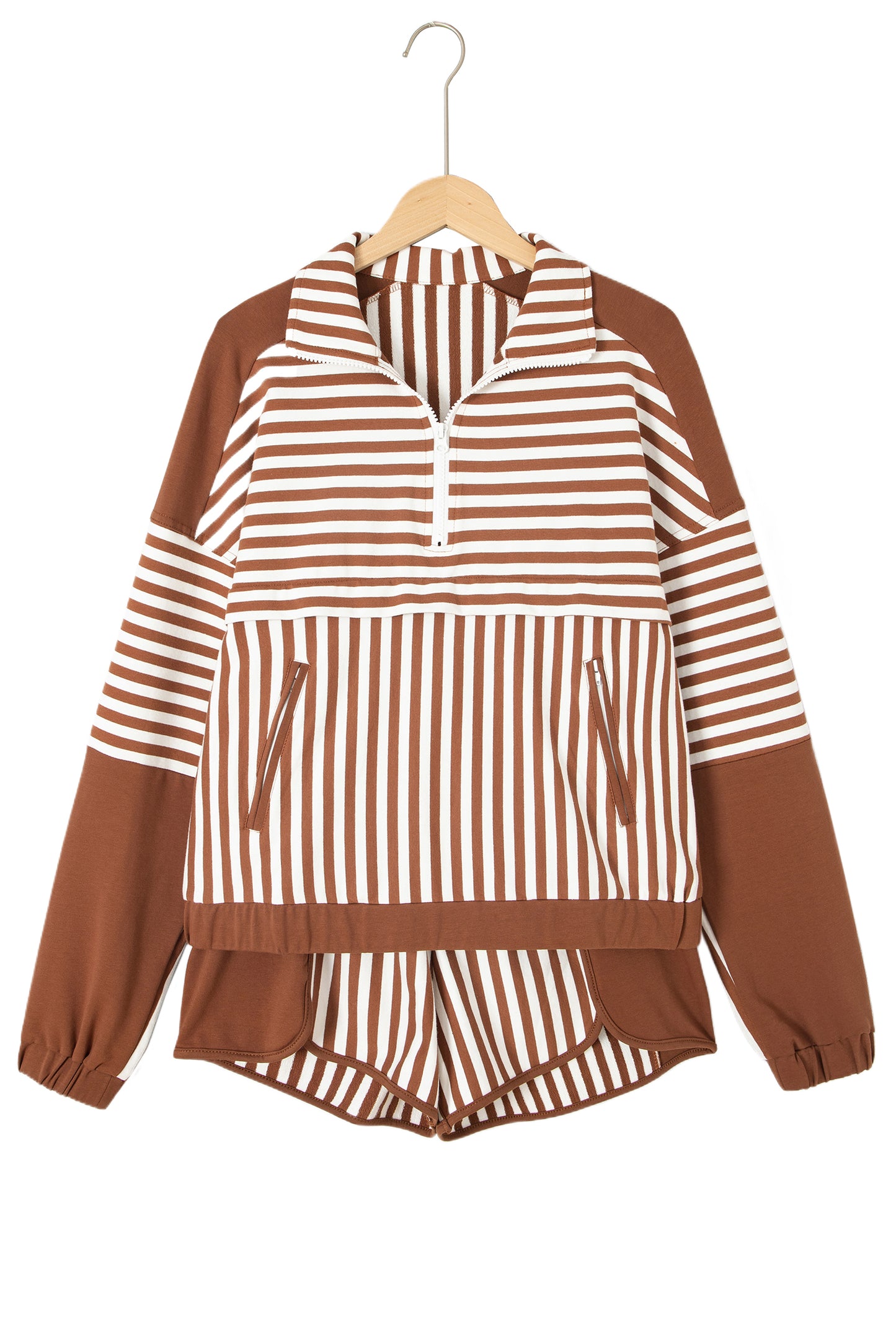 Brown Stripe Color Block Patchwork Quarter Zip Pullover Sporty Shorts Set-Two Piece Sets/Short Sets-[Adult]-[Female]-2022 Online Blue Zone Planet
