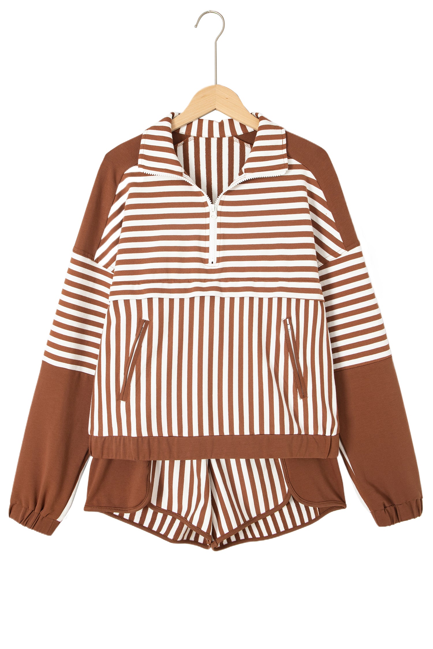 Brown Stripe Color Block Patchwork Quarter Zip Pullover Sporty Shorts Set-Two Piece Sets/Short Sets-[Adult]-[Female]-2022 Online Blue Zone Planet
