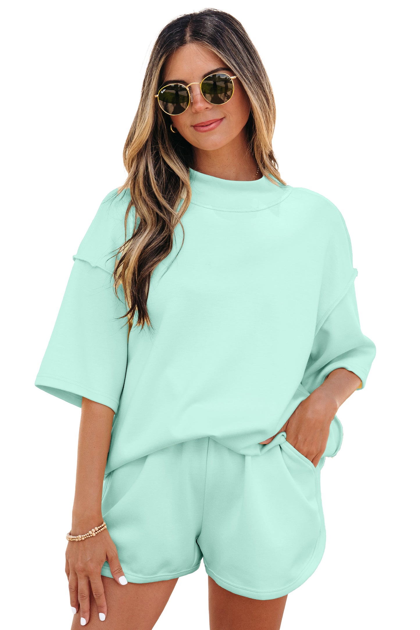 Light Pink Solid Color Exposed Seam Mock Neck Oversize Tee Casual Shorts 2pcs Outfit-Two Piece Sets/Short Sets-[Adult]-[Female]-2022 Online Blue Zone Planet