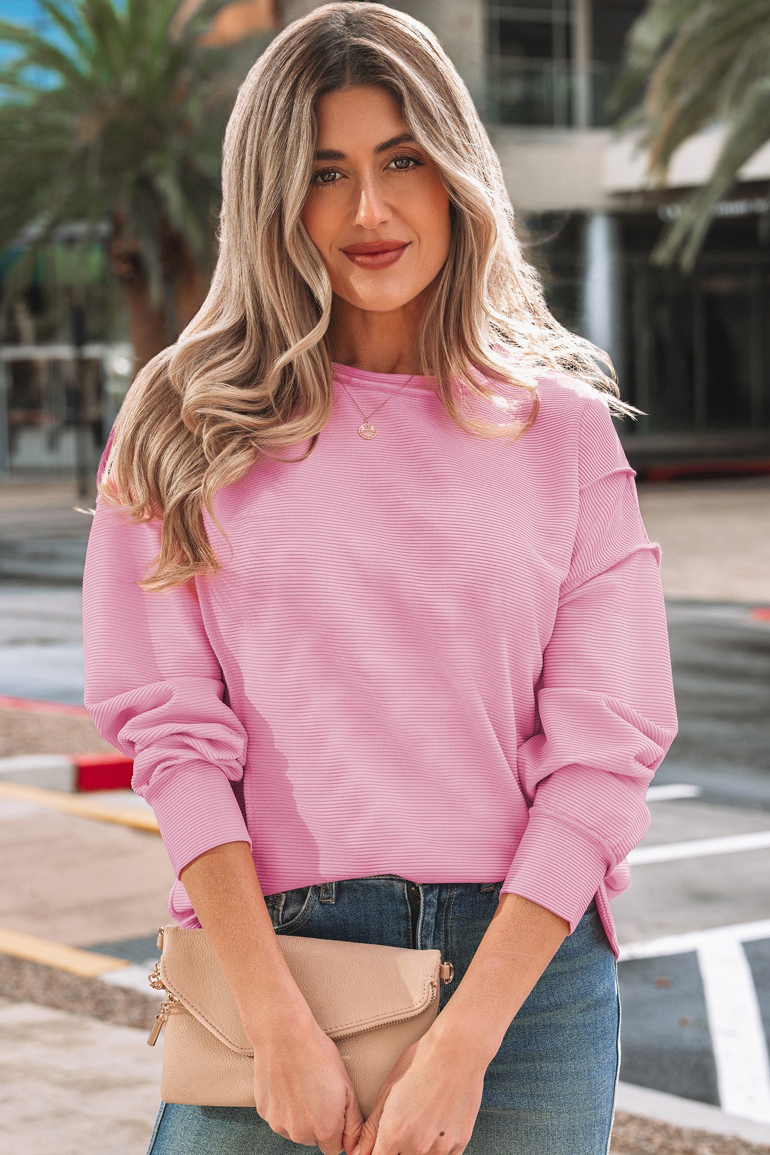 Pink Horizontal Ribbed Exposed Seam Detail Drop Shoulder Baggy Pullover-Tops/Long Sleeve Tops-[Adult]-[Female]-2022 Online Blue Zone Planet