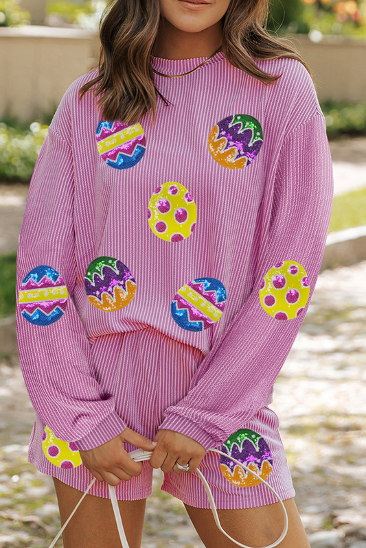 Phalaenopsis Easter Egg Patched Graphic Corded Long Sleeve Top Shorts Set-Graphic/Graphic Sets-[Adult]-[Female]-Phalaenopsis-S-2022 Online Blue Zone Planet