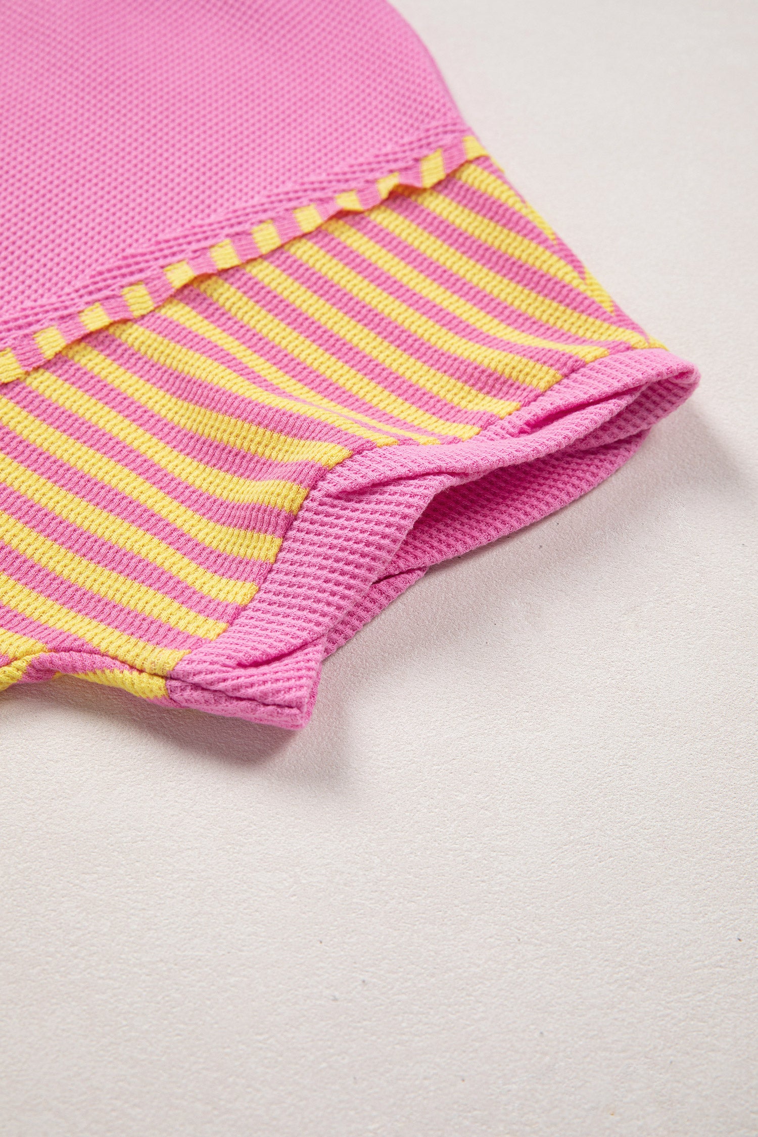 Bright Pink Waffle Textured Contrast Striped Patchwork Loose T Shirt-Tops/Tops & Tees-[Adult]-[Female]-2022 Online Blue Zone Planet