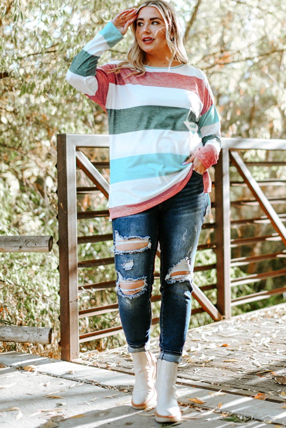 Green Plus Size Colorblock Pullover Top-Plus Size/Plus Size Tops/Plus Size Long Sleeve Tops-[Adult]-[Female]-2022 Online Blue Zone Planet