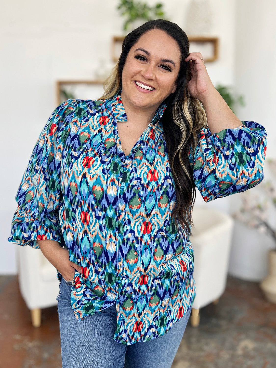 Blue Zone Planet | Double Take Full Size Printed Balloon Sleeve Blouse-TOPS / DRESSES-[Adult]-[Female]-2022 Online Blue Zone Planet