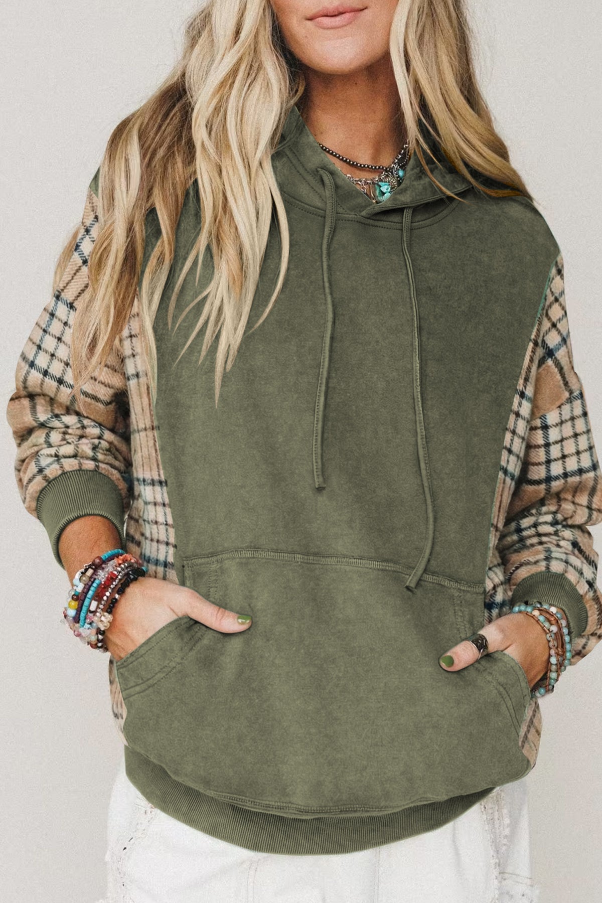Black Plaid Sleeve Drawstring Pocket Hooded Sweatshirt