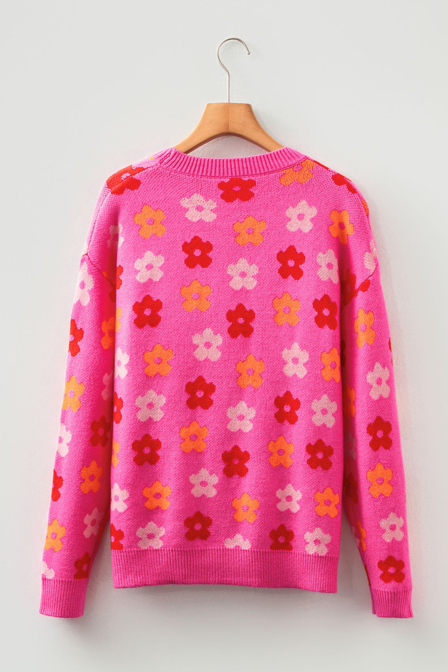 Rose Cute Flower Allover Ribbed Trimmed Drop Shoulder Pullover Sweater-TOPS / DRESSES-[Adult]-[Female]-2022 Online Blue Zone Planet