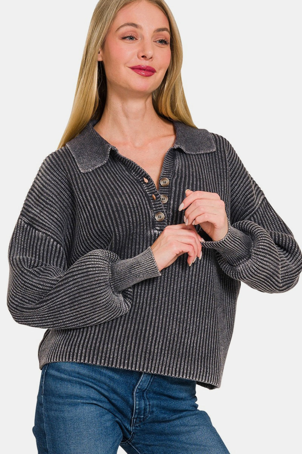 Zenana Washed Half Button Long Sleeve Sweater-TOPS / DRESSES-[Adult]-[Female]-2022 Online Blue Zone Planet