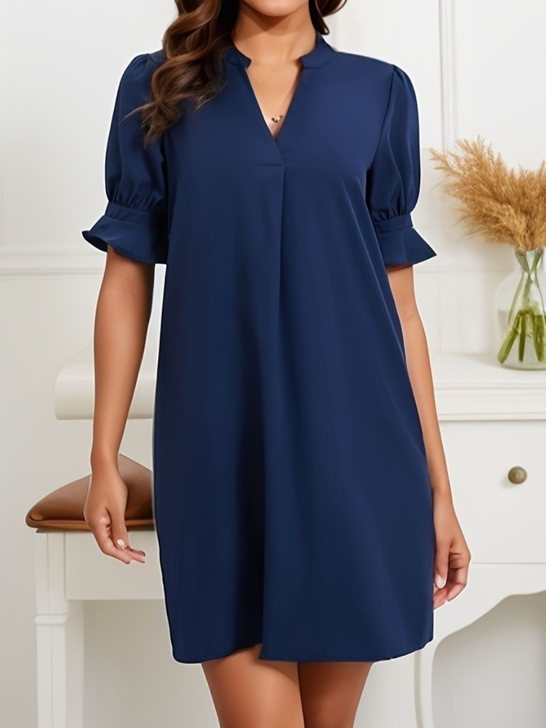 Blue Zone Planet | Notched Flounce Sleeve Mini Dress-TOPS / DRESSES-[Adult]-[Female]-Dark Blue-S-2022 Online Blue Zone Planet