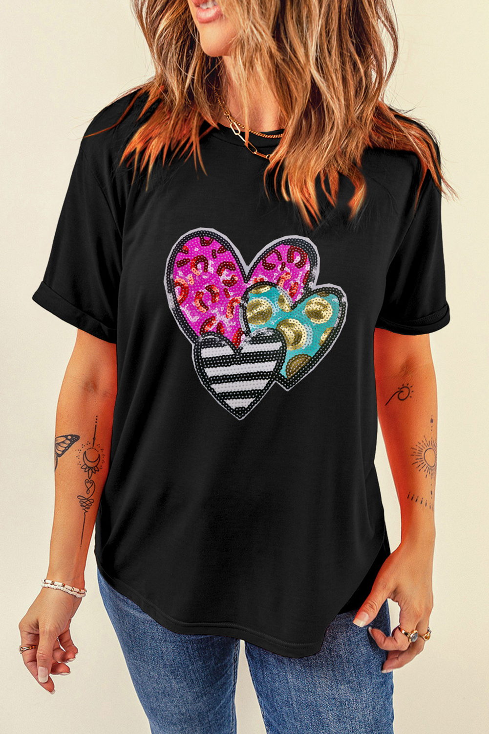 Black Sequin Heart Patched Valentines Graphic Tee-Graphic Tees-[Adult]-[Female]-2022 Online Blue Zone Planet