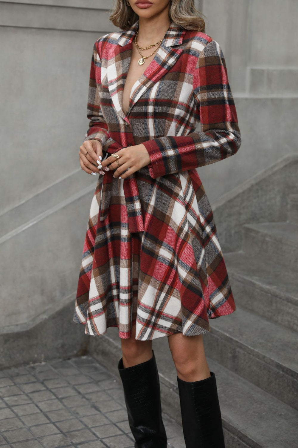 Plaid Tie Waist Long Sleeve Outerwear-TOPS / DRESSES-[Adult]-[Female]-2022 Online Blue Zone Planet