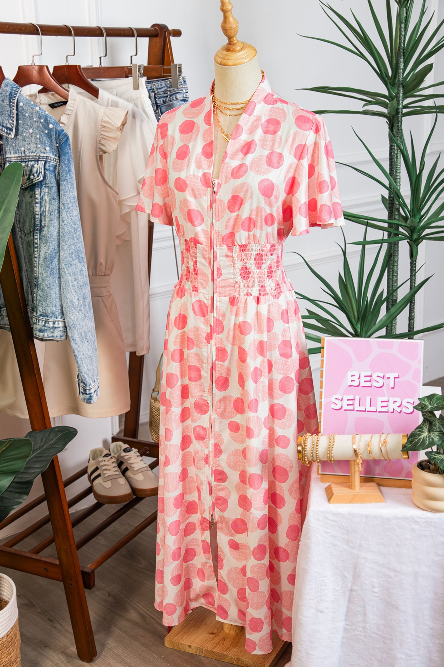 Pink Polka Dot Printed Ruffle Short Sleeve Zip Up Long Dress-TOPS / DRESSES-[Adult]-[Female]-2022 Online Blue Zone Planet