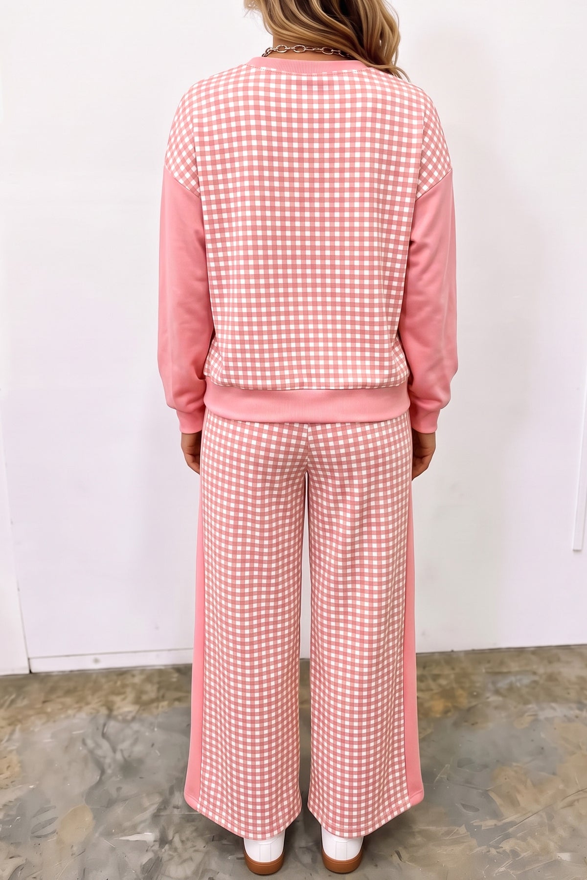 Khaki Color Block Plaid Patchwork Long Sleeve Pullover Wide Leg Pant Set-Two Piece Sets/Pant Sets-[Adult]-[Female]-2022 Online Blue Zone Planet
