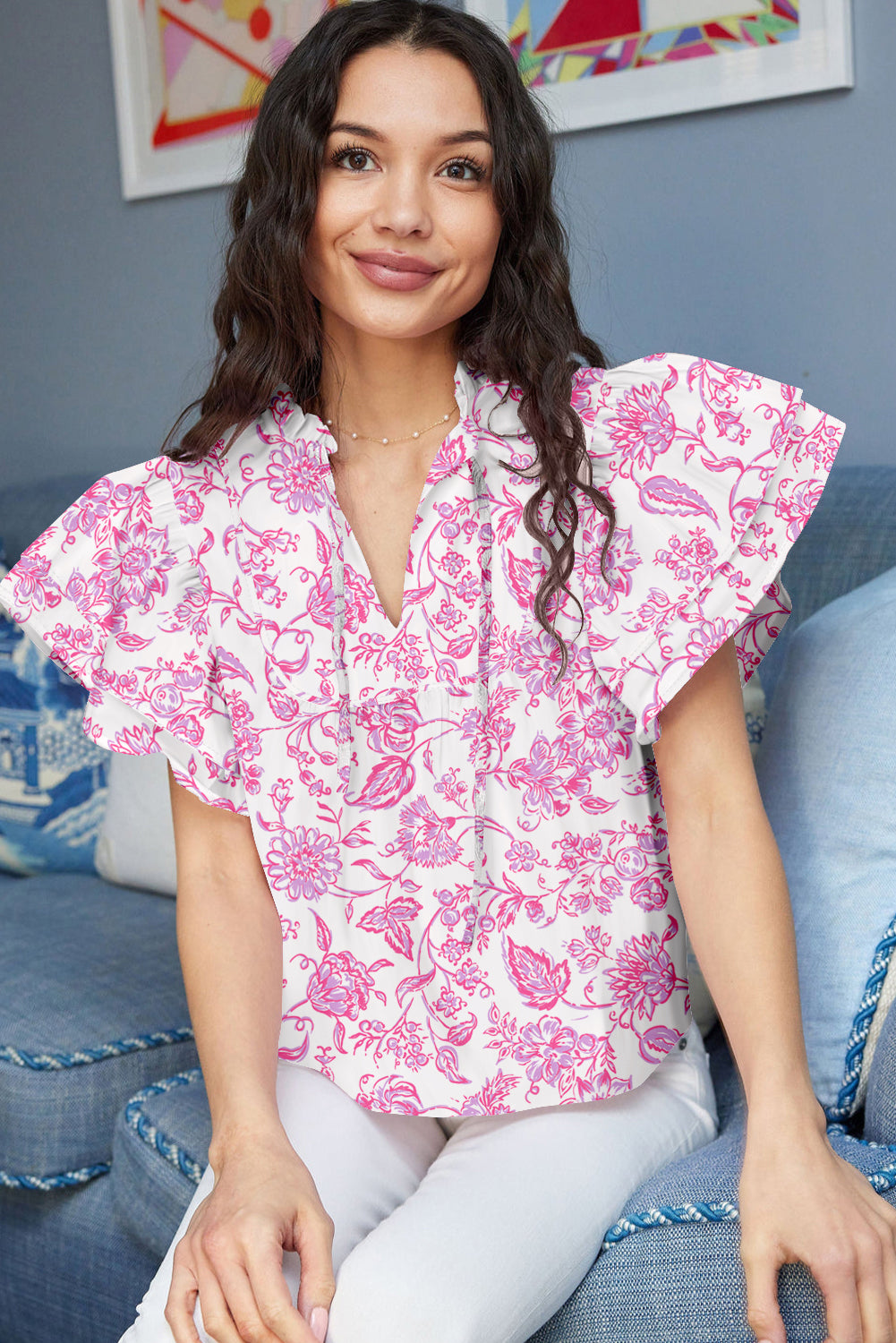 Pink Baroque Floral Ruffle Sleeve V Neck Blouse Top-Tops/Blouses & Shirts-[Adult]-[Female]-2022 Online Blue Zone Planet