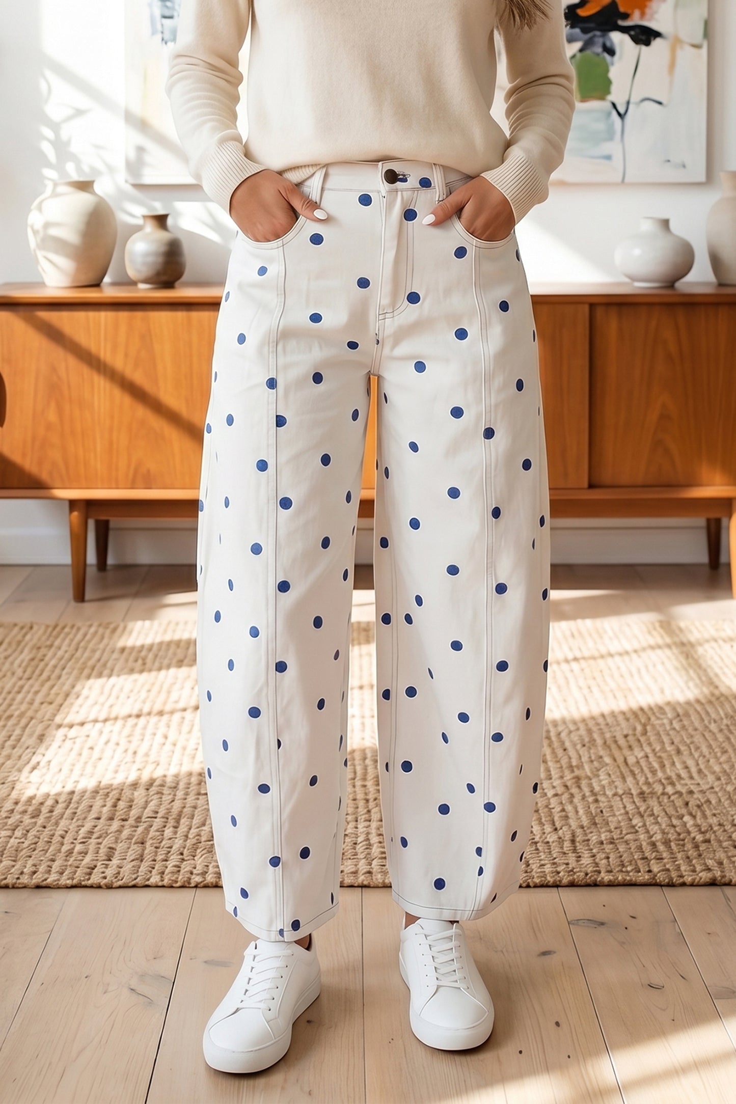 Pink Polka Dot Print Seam Detail Barrel Jeans-Bottoms/Jeans-[Adult]-[Female]-Blue-4-2022 Online Blue Zone Planet