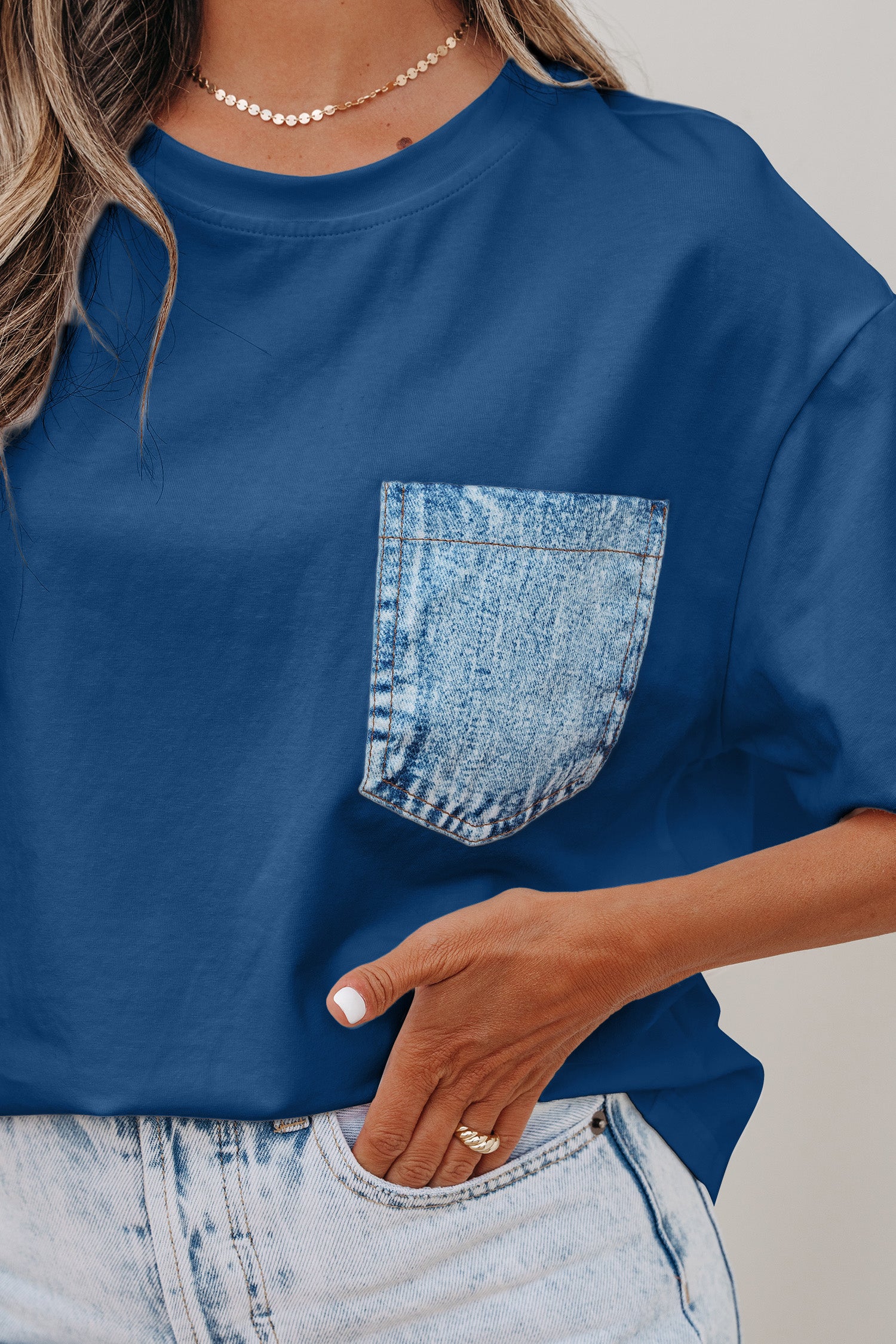 Sail Blue Color Block Chest Pocket Patched Casual Short Sleeve Top-Tops/Tops & Tees-[Adult]-[Female]-2022 Online Blue Zone Planet