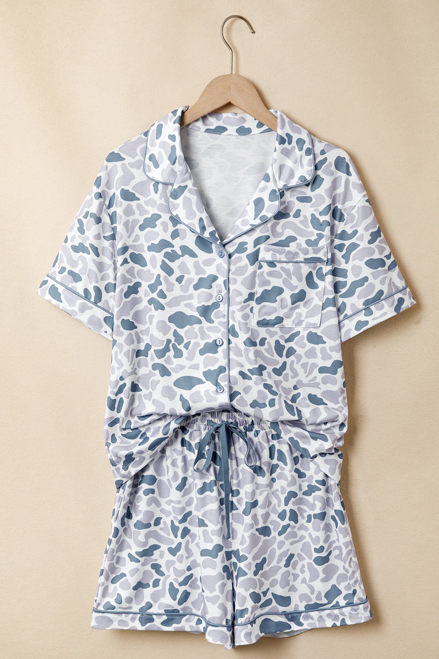 Beige Camouflage Print Lapel Shirt Drawstring 2pcs Short Pajama Set-Loungewear & Sleepwear/Sleepwear-[Adult]-[Female]-2022 Online Blue Zone Planet