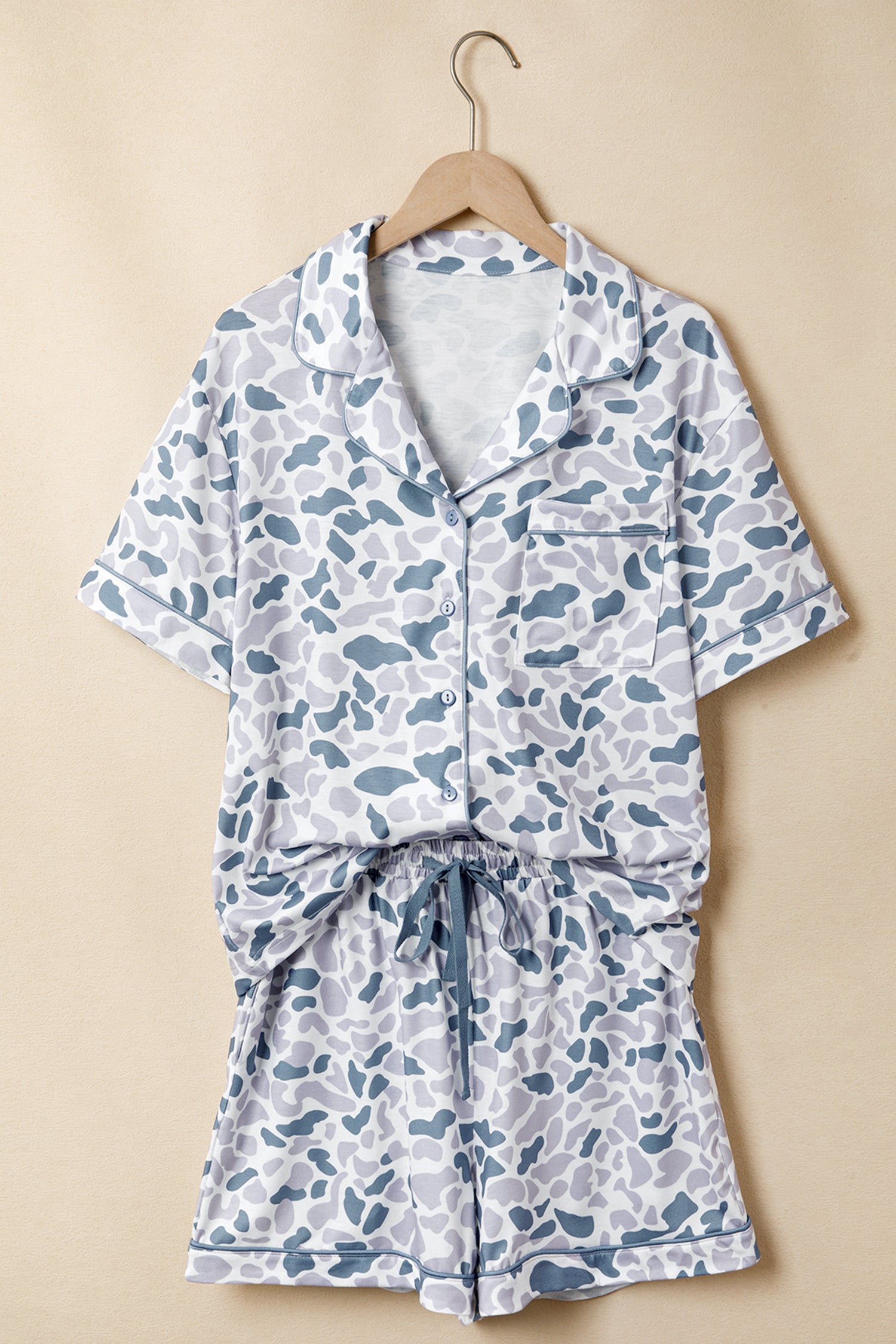 Beige Camouflage Print Lapel Shirt Drawstring 2pcs Short Pajama Set-Loungewear & Sleepwear/Sleepwear-[Adult]-[Female]-2022 Online Blue Zone Planet
