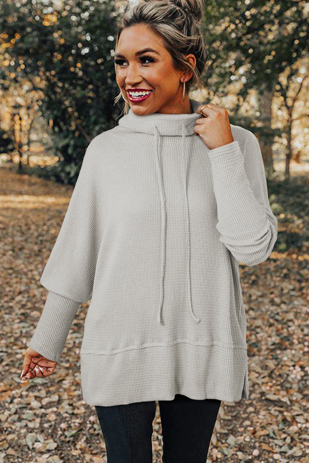 Light Grey Textured Knit Drawstring Cowl Neck Oversize Top With Side Slits-Tops/Long Sleeve Tops-[Adult]-[Female]-2022 Online Blue Zone Planet