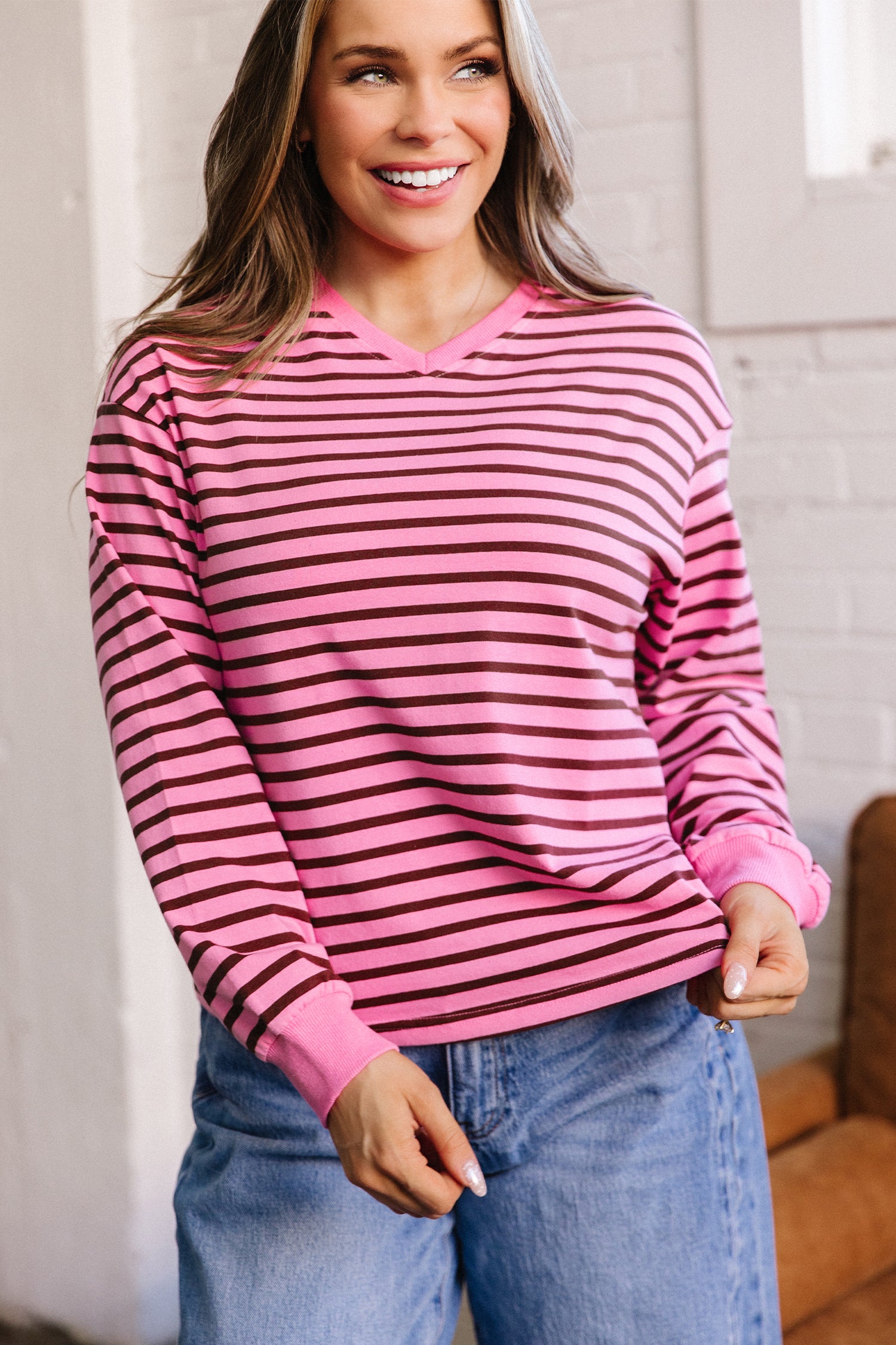 Pink Stripe V Neck Long Sleeve Drop Shoulder Blouse-Tops/Long Sleeve Tops-[Adult]-[Female]-2022 Online Blue Zone Planet
