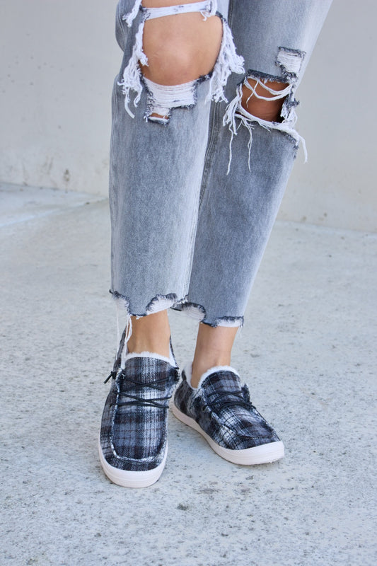 Blue Zone Planet | Forever Link Plaid Plush Flat Sneakers-SNEAKERS-[Adult]-[Female]-BLACK PLAID-6-2022 Online Blue Zone Planet