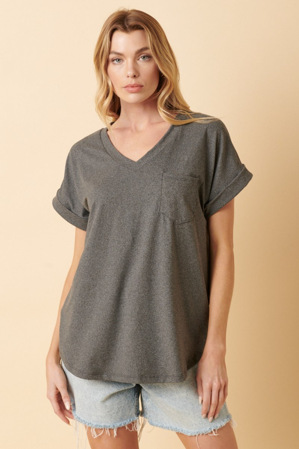 Mittoshop Full Size V-Neck Rolled Short Sleeve T-Shirt-TOPS / DRESSES-[Adult]-[Female]-Charcoal-S-2022 Online Blue Zone Planet