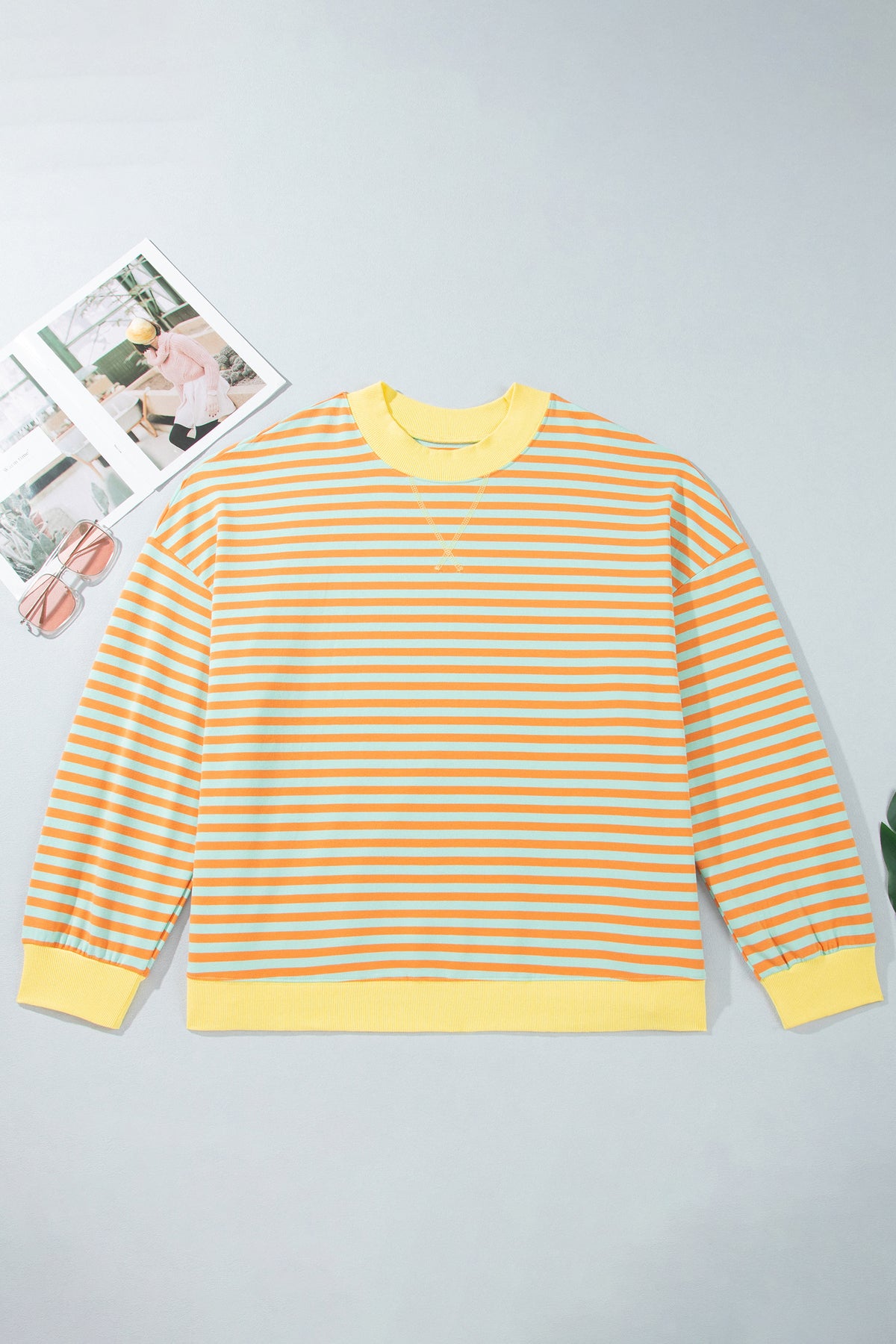 Orange Stripe High Neck Striped Colorblock Tunic Plus Size Sweatshirt-Plus Size/Plus Size Sweatshirts & Hoodies-[Adult]-[Female]-2022 Online Blue Zone Planet
