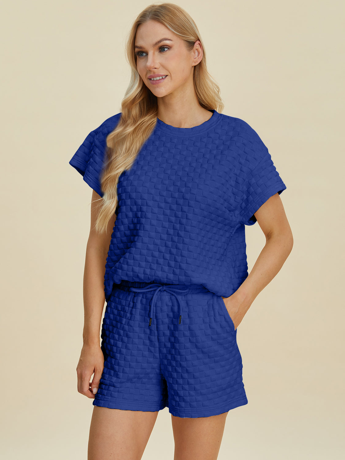 Double Take Full Size Texture T-Shirt and Shorts Set-TOPS / DRESSES-[Adult]-[Female]-2022 Online Blue Zone Planet