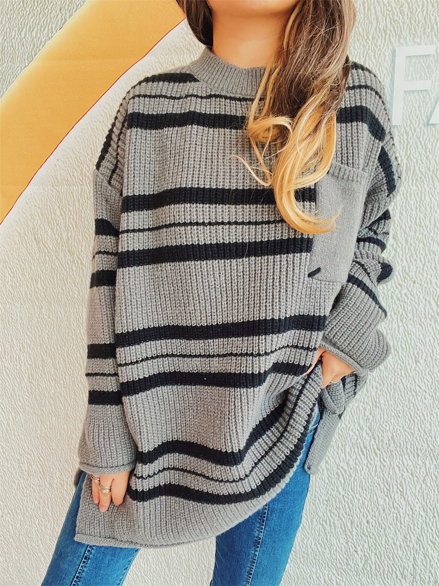 Blue Zone Planet | Striped Round Neck Long Sleeve Sweater-TOPS / DRESSES-[Adult]-[Female]-2022 Online Blue Zone Planet