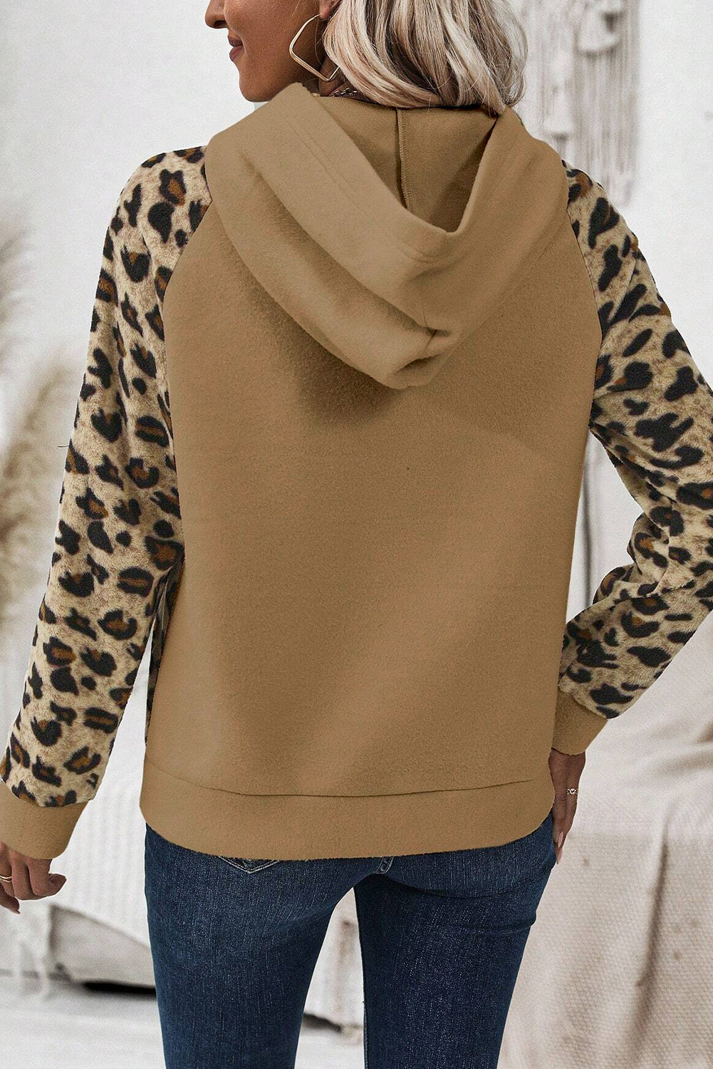 Light French Beige Leopard Print Patchwork Raglan Sleeve Half Buttons Hoodie-Tops/Sweatshirts & Hoodies-[Adult]-[Female]-2022 Online Blue Zone Planet