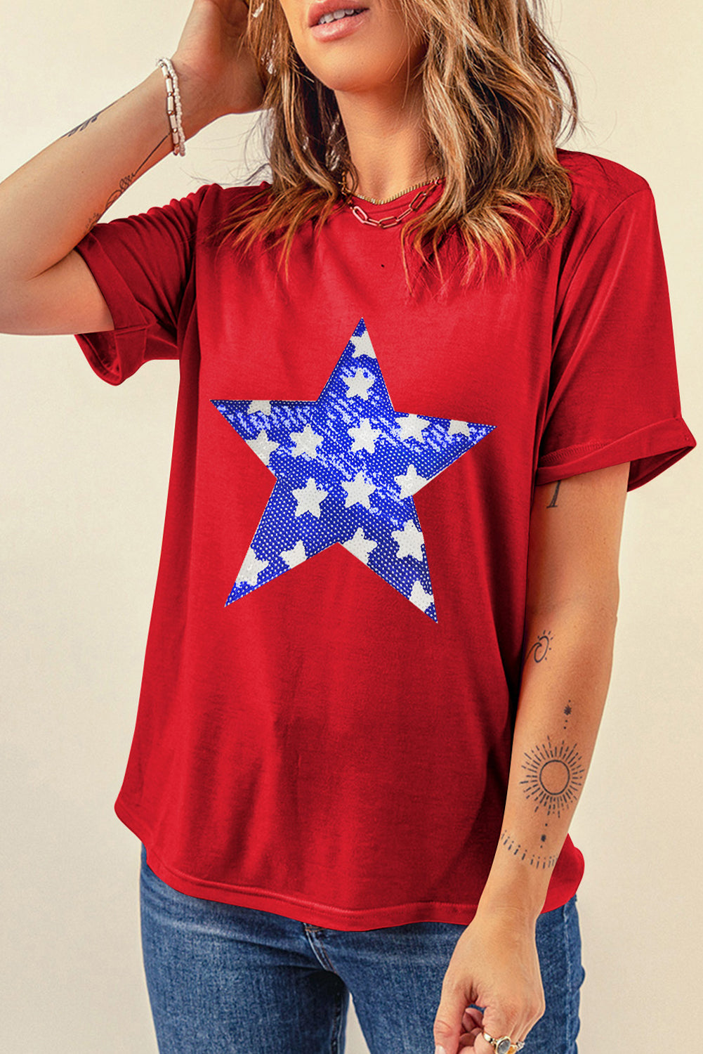 Red Sequin Star Graphic Crewneck T Shirt-Graphic/Graphic Tees-[Adult]-[Female]-2022 Online Blue Zone Planet