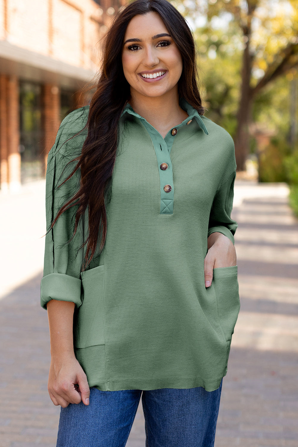 Blue Zone Planet | Smoke Green Waffle Long Sleeve Collar Half Button Loose Top-Tops/Long Sleeve Tops-[Adult]-[Female]-2022 Online Blue Zone Planet