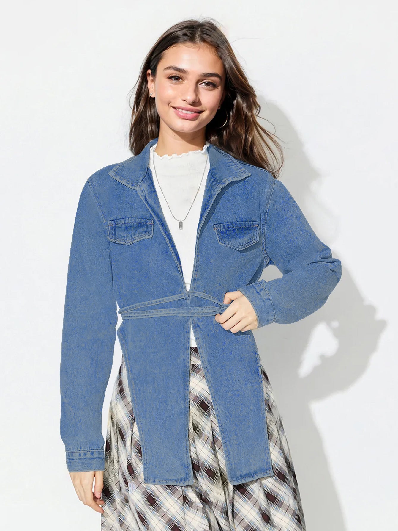 Asymmetric Slit Collared Neck Long Denim Top-TOPS / DRESSES-[Adult]-[Female]-2022 Online Blue Zone Planet