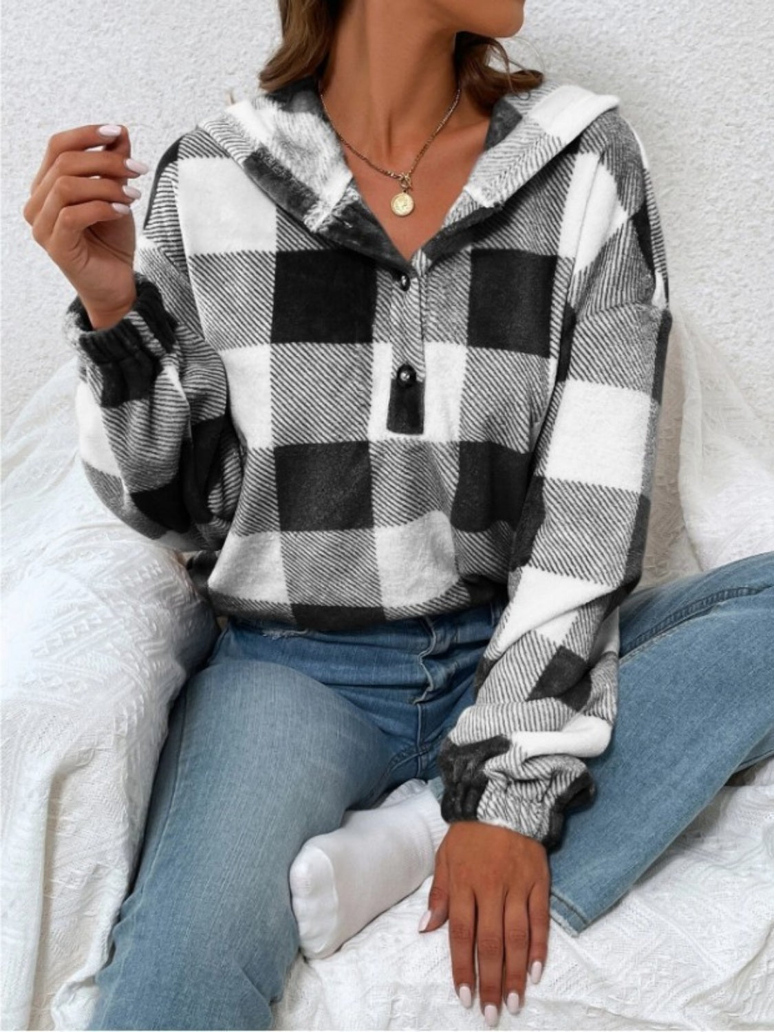 Plaid Half Button Long Sleeve Hoodie-TOPS / DRESSES-[Adult]-[Female]-2022 Online Blue Zone Planet