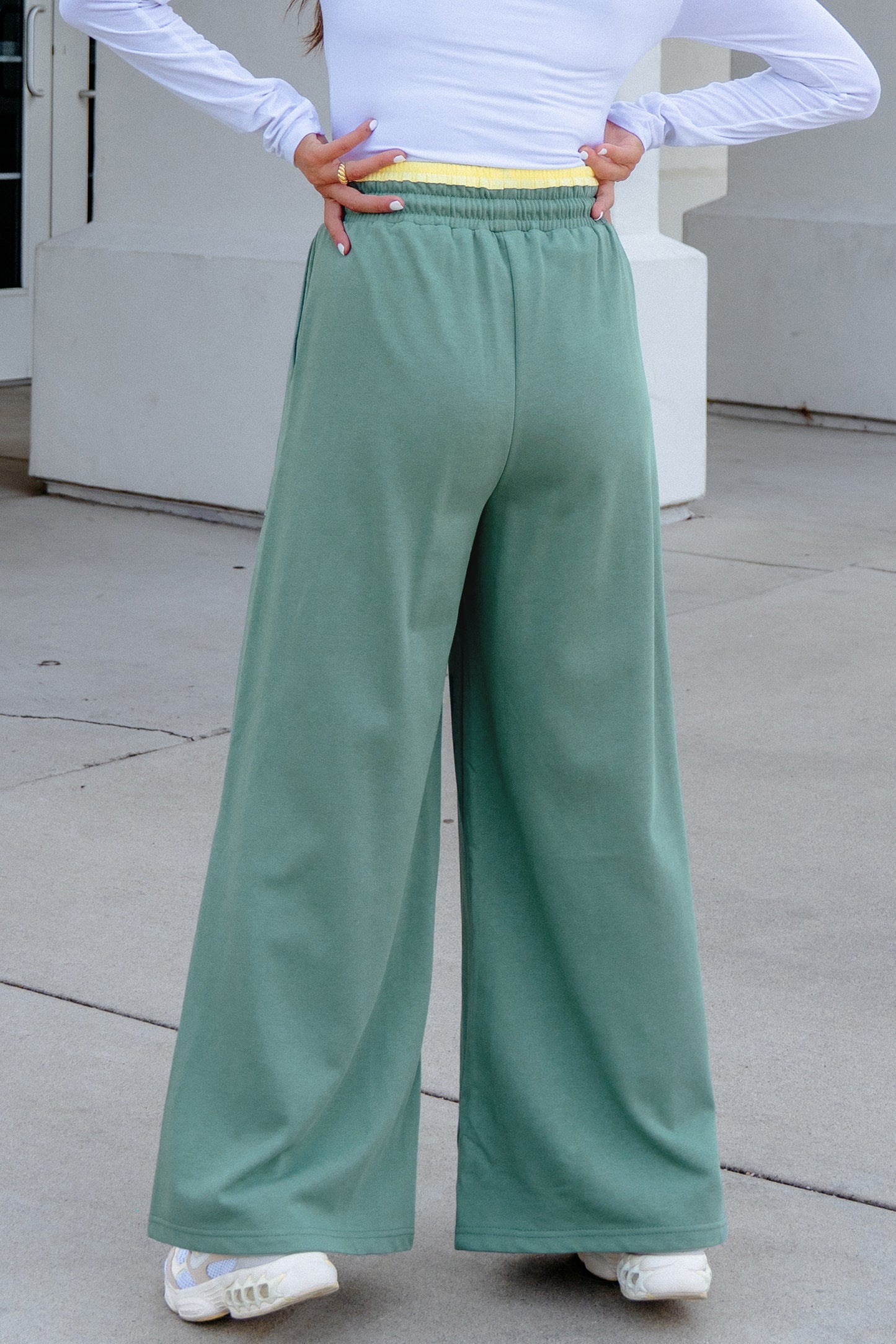 Sea Green Color Block Flower Patchwork Drawstring Contrasted Elastic Waist Wide Leg Pants-Bottoms/Pants & Culotte-[Adult]-[Female]-2022 Online Blue Zone Planet