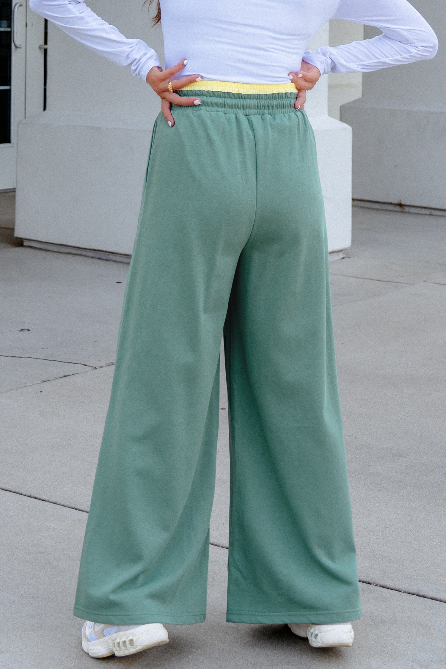 Sea Green Color Block Flower Patchwork Drawstring Contrasted Elastic Waist Wide Leg Pants-Bottoms/Pants & Culotte-[Adult]-[Female]-2022 Online Blue Zone Planet