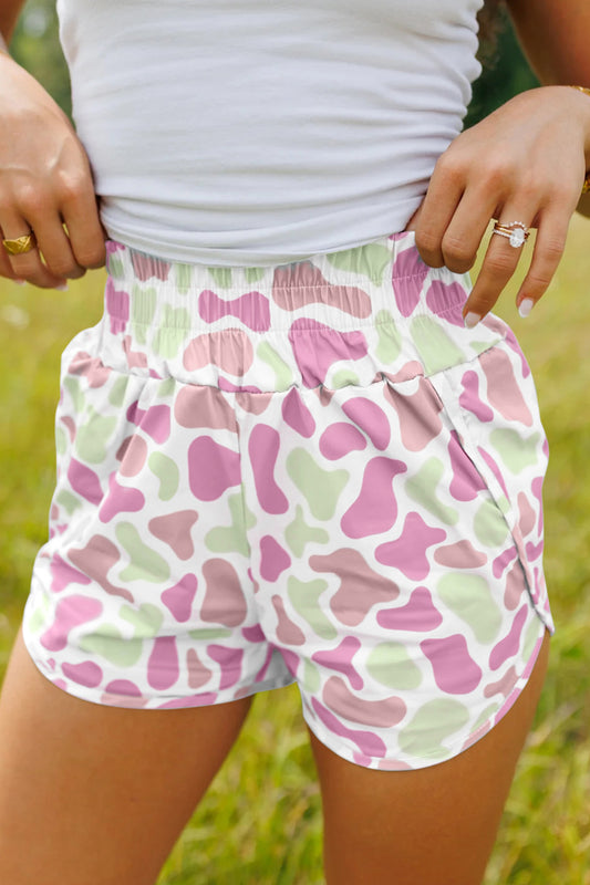 Green Camouflage Print Shirred High Waist Athleisure Shorts-Bottoms/Casual Shorts-[Adult]-[Female]-Green-S-2022 Online Blue Zone Planet