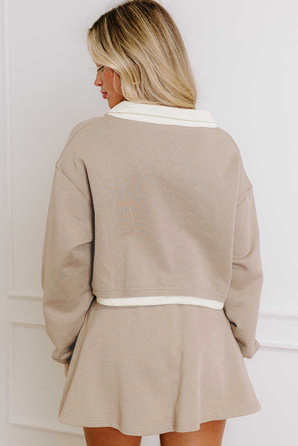 Parchment Raw Edge Detail Colorblock Patchwork Cropped Pullover Drawstring Skirt Set-Two Piece Sets/Two Piece Dresses-[Adult]-[Female]-2022 Online Blue Zone Planet