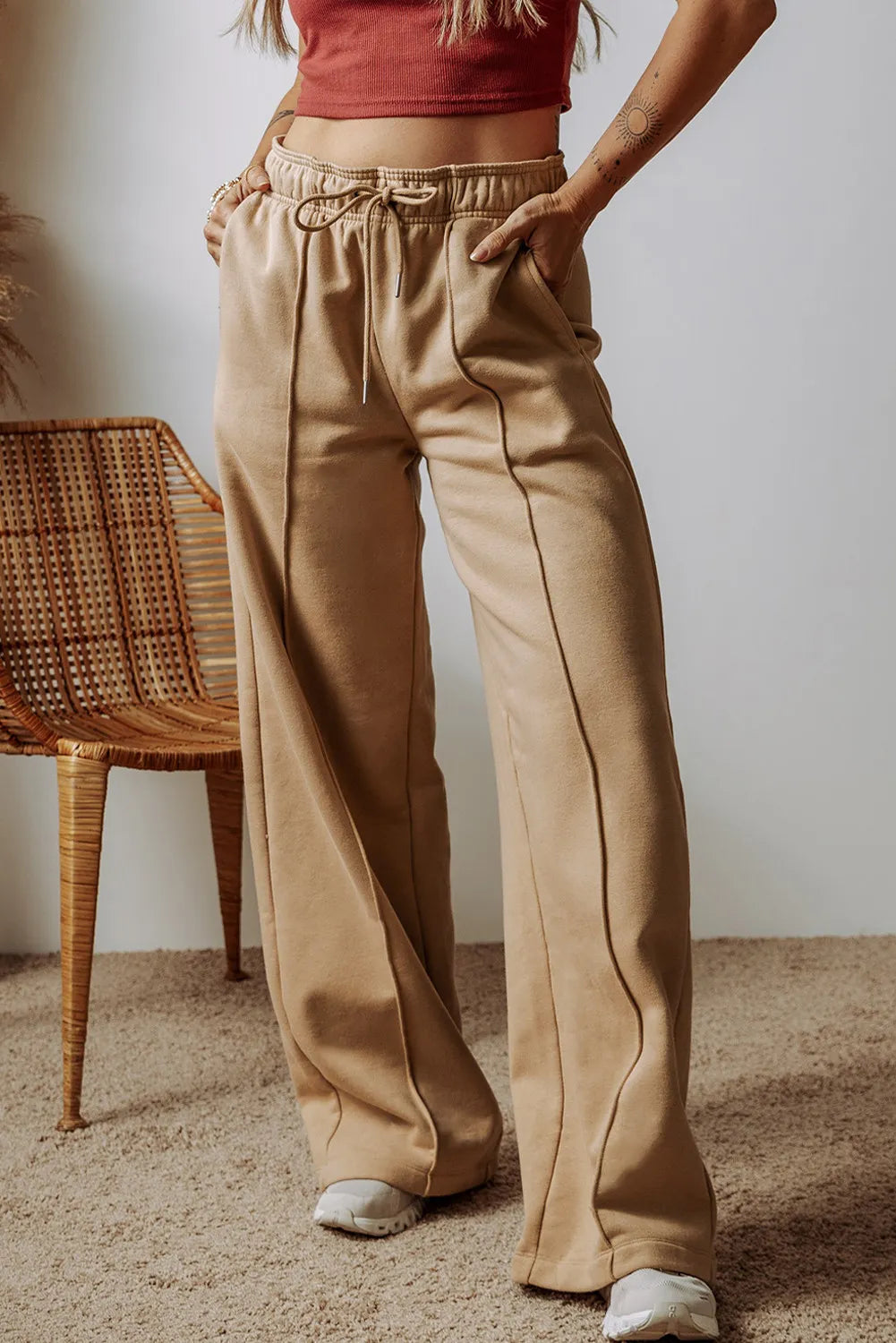 Drawstring Wide Leg Pants with Pockets-BOTTOMS SIZES SMALL MEDIUM LARGE-[Adult]-[Female]-Tan-S-2022 Online Blue Zone Planet