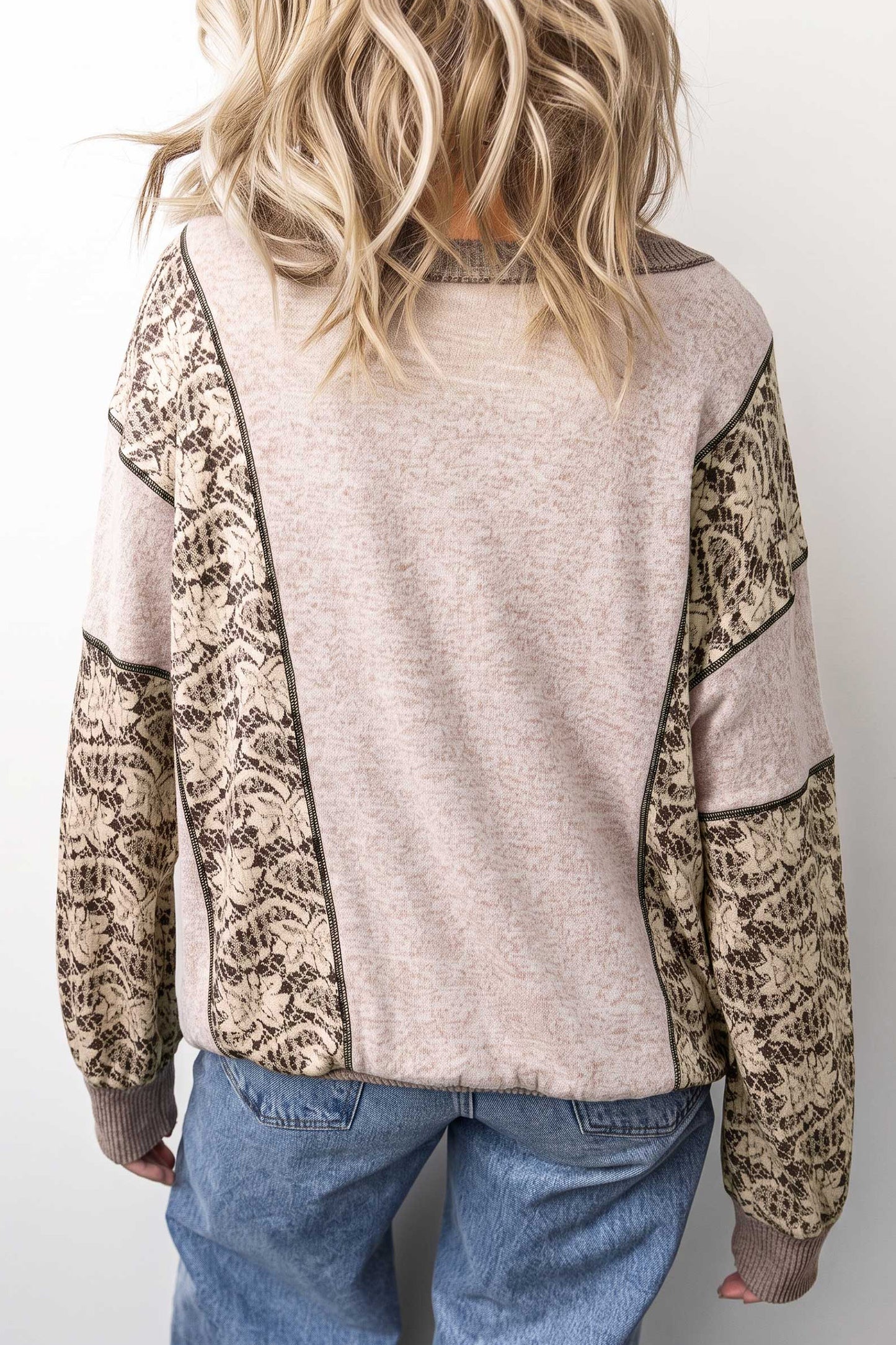 Khaki Floral Print Round Neck Long Sleeve Shift Top-Tops/Long Sleeve Tops-[Adult]-[Female]-2022 Online Blue Zone Planet