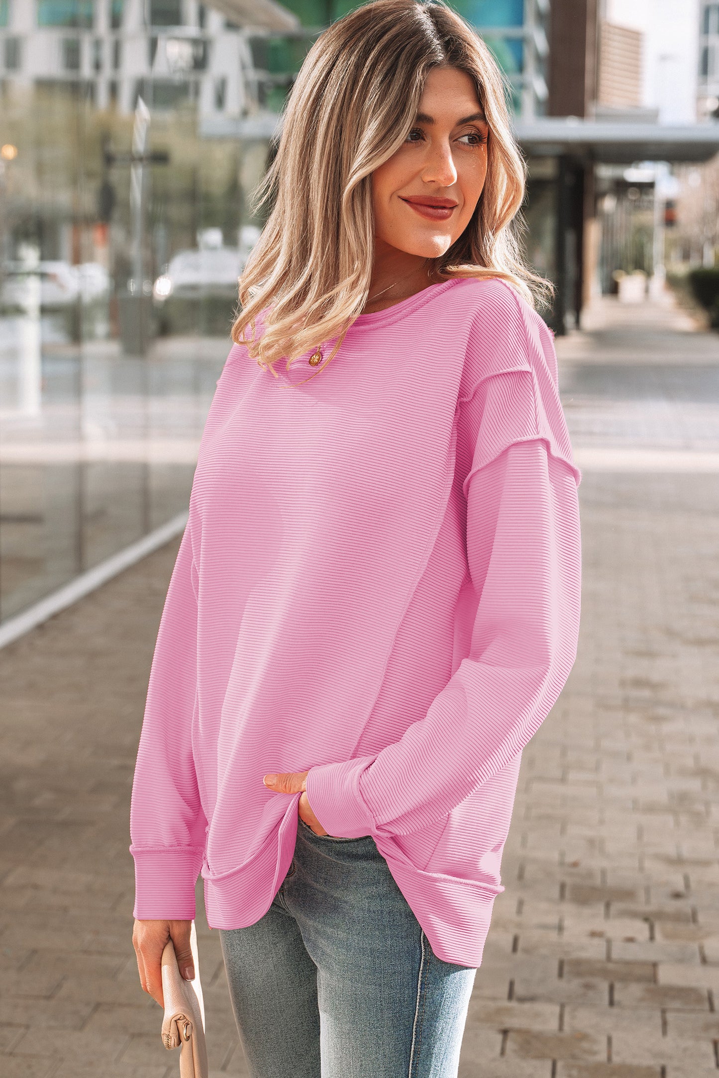 Pink Horizontal Ribbed Exposed Seam Detail Drop Shoulder Baggy Pullover-Tops/Long Sleeve Tops-[Adult]-[Female]-2022 Online Blue Zone Planet