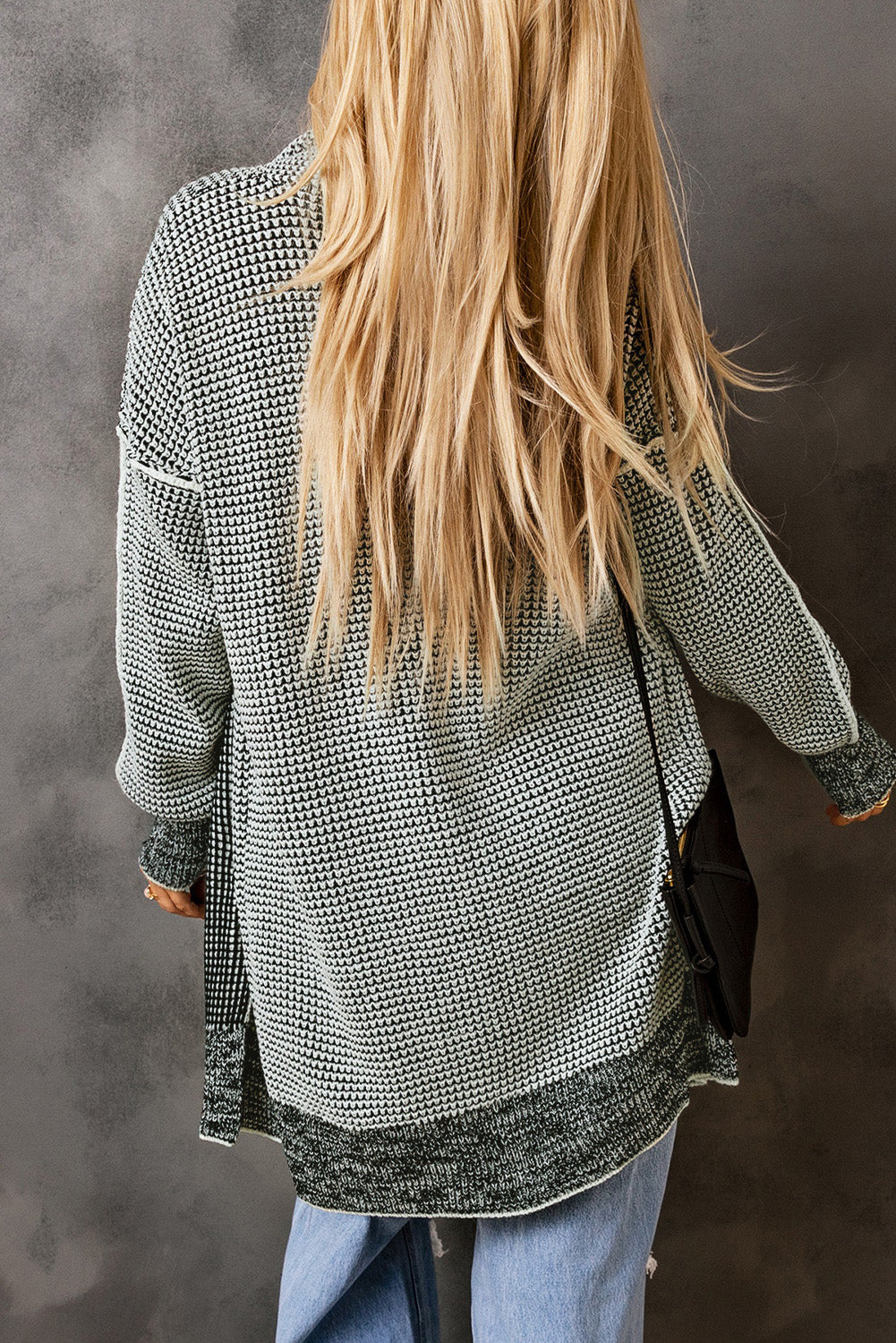 Gray Plaid Knitted Long Open Front Cardigan-Sweaters & Cardigans/Cardigans-[Adult]-[Female]-2022 Online Blue Zone Planet
