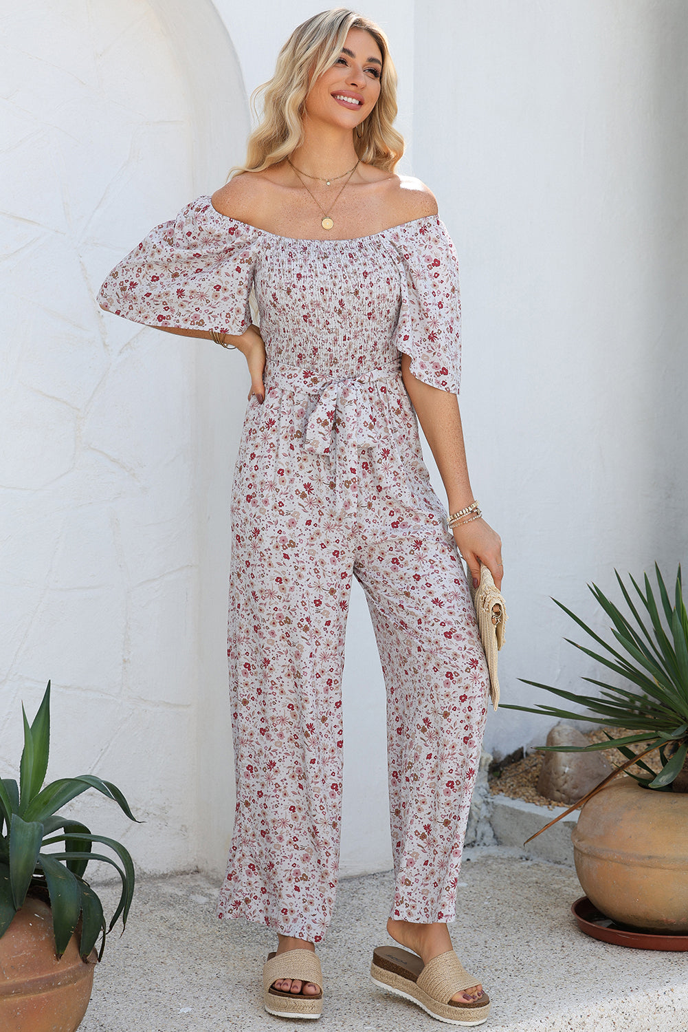 White Smocked Short Sleeve Wide Leg Floral Print Jumpsuit-Bottoms/Jumpsuits & Rompers-[Adult]-[Female]-2022 Online Blue Zone Planet