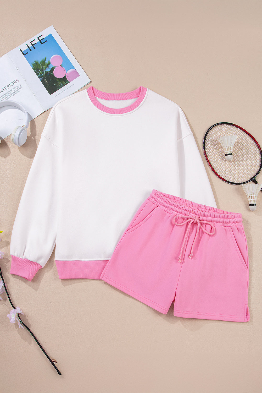 Strawberry Pink Color Block Pullover and Lace-up Elastic Waist Shorts Set-Two Piece Sets/Short Sets-[Adult]-[Female]-2022 Online Blue Zone Planet