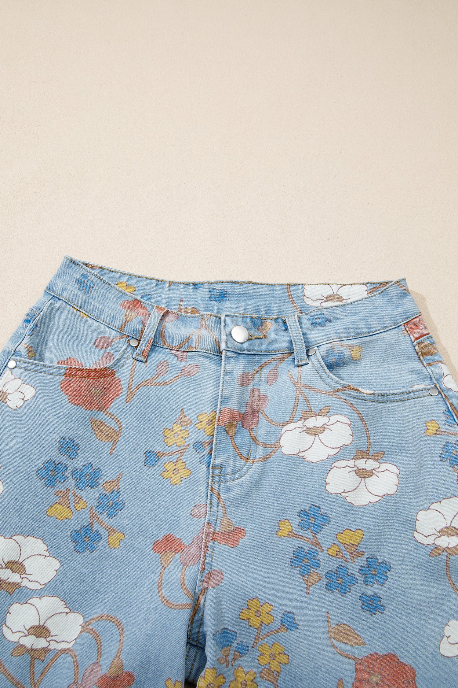 Sky Blue Floral Printed Raw Hem Shift Jeans-Bottoms/Jeans-[Adult]-[Female]-2022 Online Blue Zone Planet