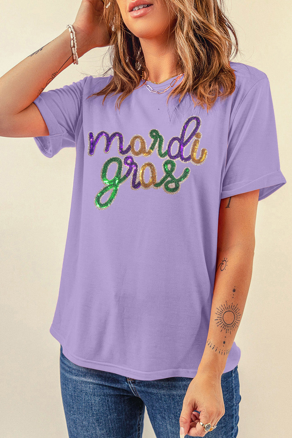 Wisteria Sequin mardi gras Graphic T Shirt-Graphic/Graphic Tees-[Adult]-[Female]-2022 Online Blue Zone Planet