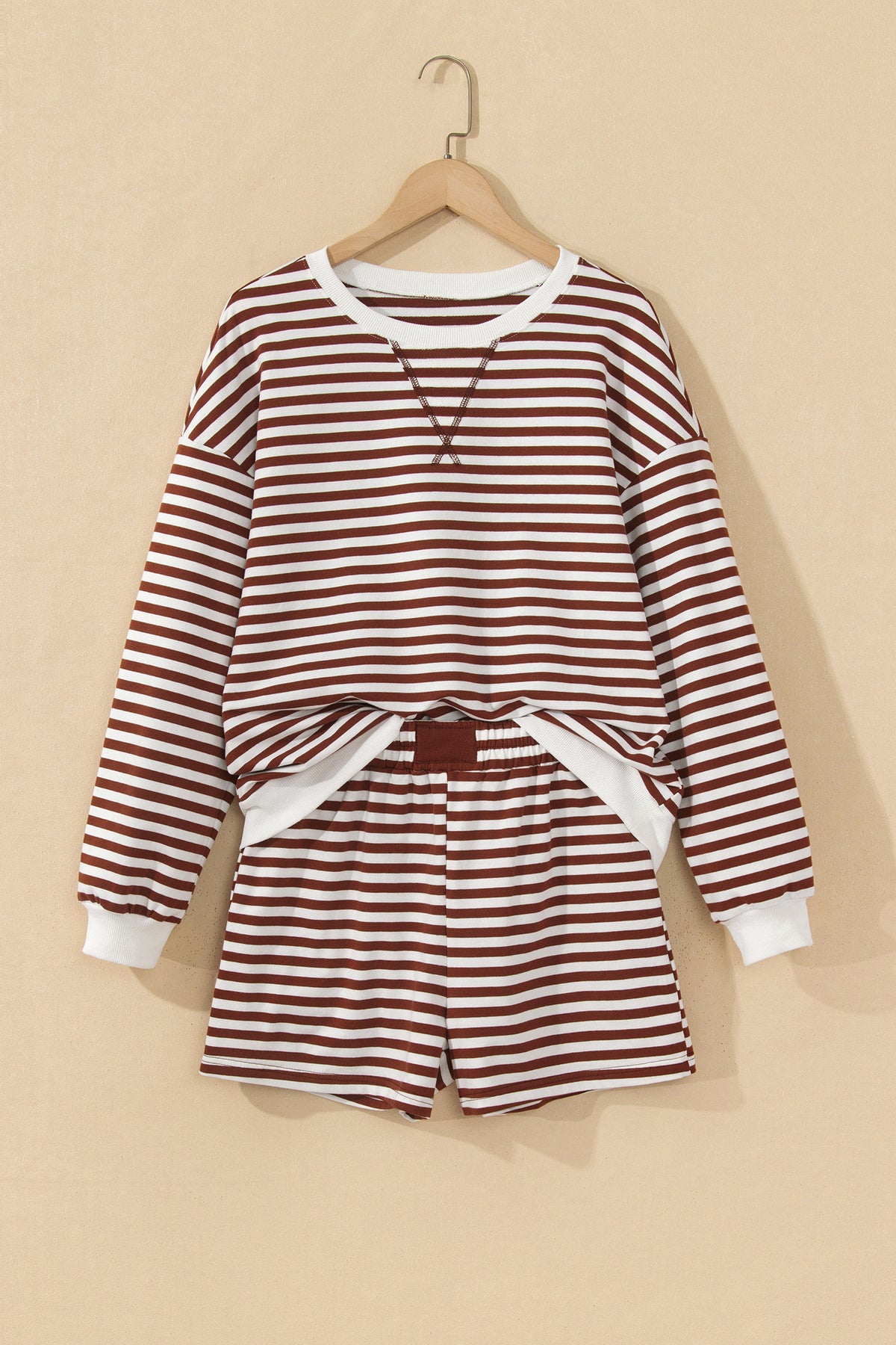 Grapefruit Orange Drop Shoulder Long Sleeve Pullover Elastic Waist Casual Short Set-Two Piece Sets/Short Sets-[Adult]-[Female]-2022 Online Blue Zone Planet